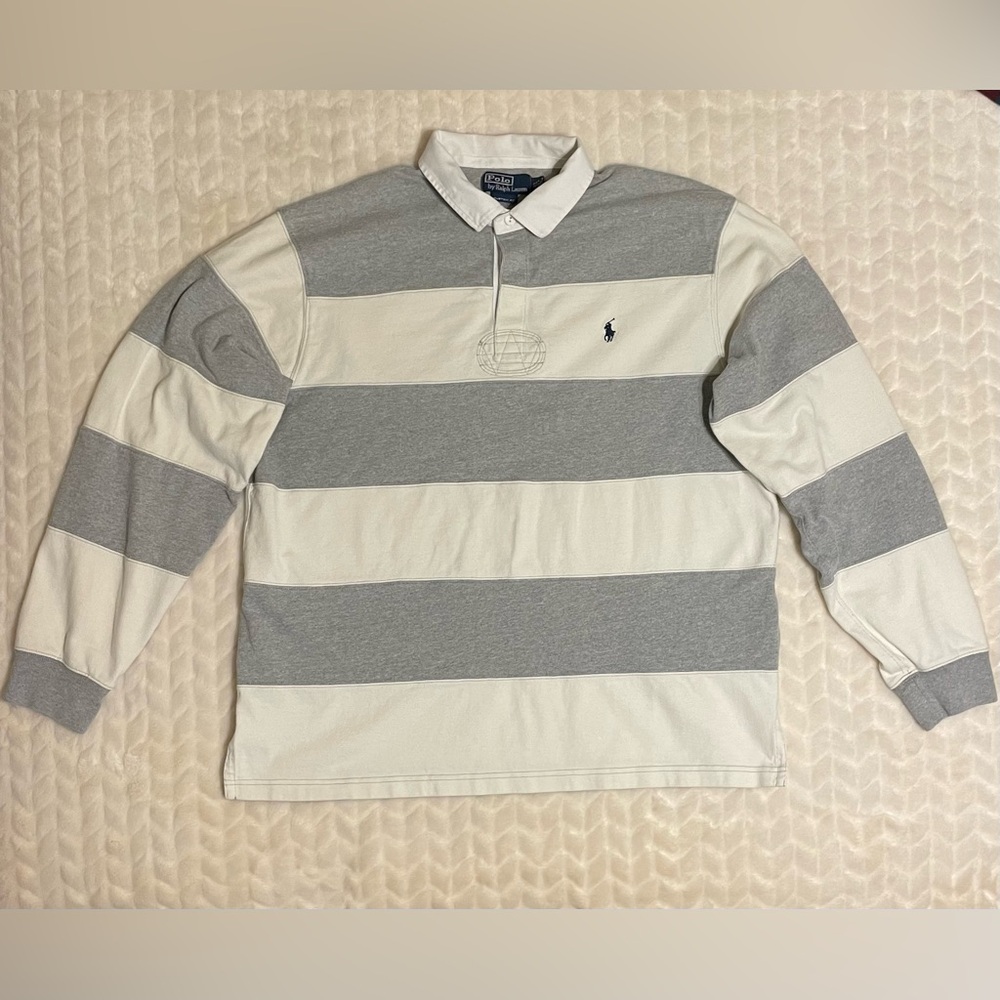 EUC- Polo by Ralph Lauren Gray and White Striped Men's Shirt- Size XL